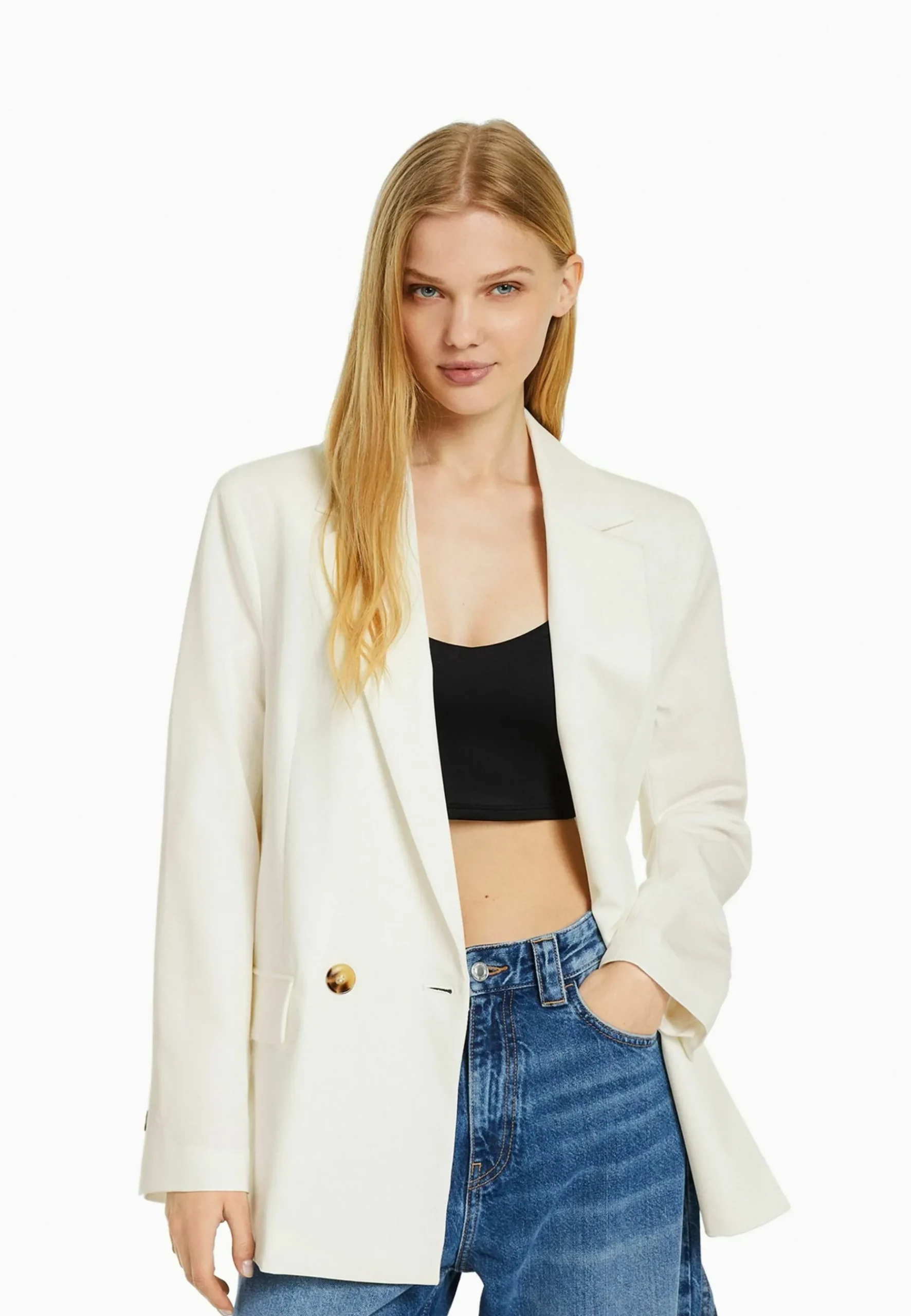 RegularFit Tailored - Feminine-Cut Double-Breasted - Manteau Court|Bershka Clearance